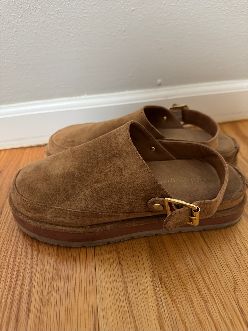 Madden Girl Brown Suede Slingback Loafers with Gold Buckle